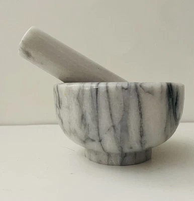 Vintage Mortar And Pestle White/Grey Marble Set Classic Grinder Herbs, Pills - Image 1 of 4