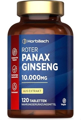 HORBÄACH Panax Ginseng Extrakt 10.000mg, 120 Korean Ginseng Tabletten, Vegan &Hochdosiert