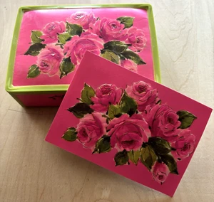 Vintage Hallmark Pink Roses Notecard LOT of 13 Green Plastic Storage Box Rare - Picture 1 of 5