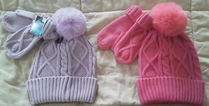 Faux Fur Pompom Hat Mittens Set Lot Purple Pink West Loop Kid 4-8y/o Girl One Sz - Picture 1 of 3