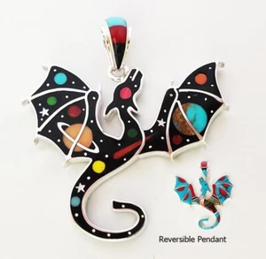 REVERSIBLE GALAXY SATURN TURQUOISE MULTICOLOR INLAY .925 SILVER DRAGON PENDANT - Picture 1 of 3