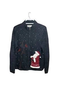 Vintage Mandal Bay Womens Long Sleeve Santa Embroidered Zip Up Cardigan L - Picture 1 of 6