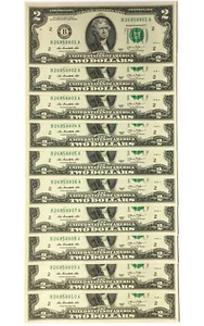 10 Consecutive Serial # US $2 DOLLAR BILLS Uncirculated in 10-Pocket PORTFOLIO - Picture 1 of 3