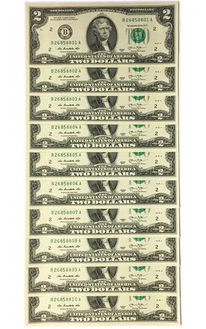 10 Consecutive Serial # US $2 DOLLAR BILLS Uncirculated in 10-Pocket PORTFOLIO Cover