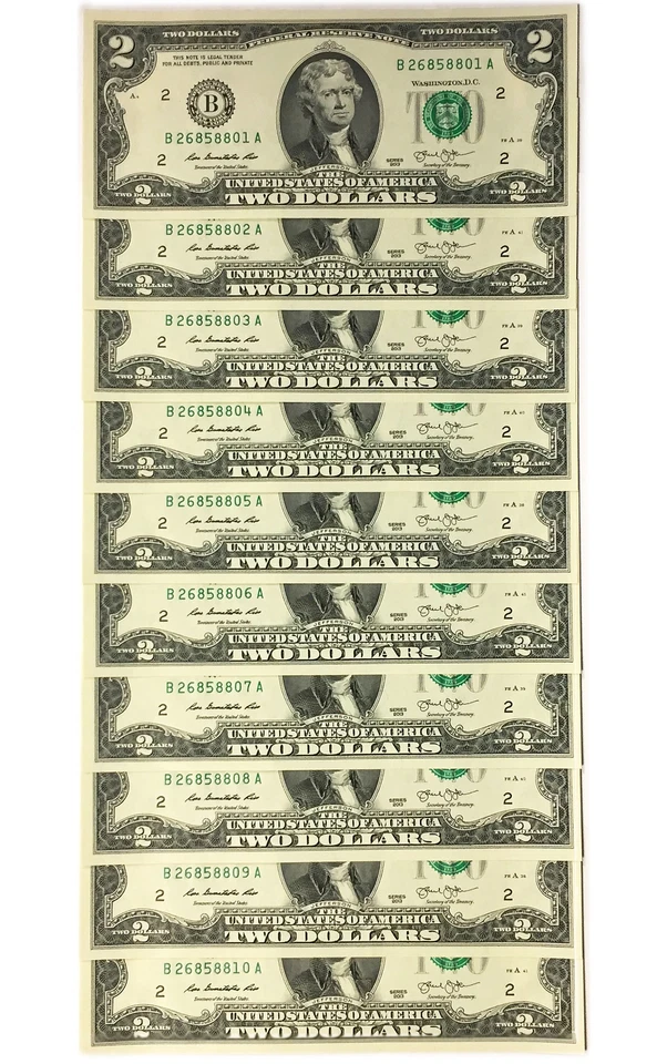 10 BILLETES DE 2 DÓLARES ESTADOUNIDENSES # SERIE CONSECUTIVA sin circular en cartera de 10 bolsillos Foto 1 de 3