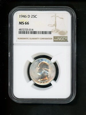 1946-D US Washington Quarter 25c .25 NGC MS66 Gem UNC Ch Bright White Spot Free - Image 1 of 4