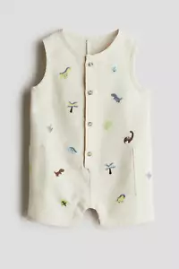 NWT H&M Unisex Embroidery-Detail Romper Suit Toddler Kids Beige Dinosaurs 3T - Picture 1 of 3