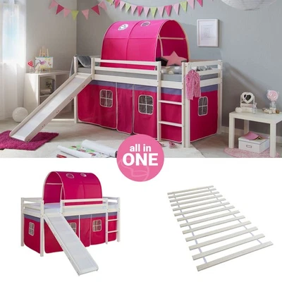 Cadre de Lit d'enfant superposé 90x200 Toboggan Lattes Tunnel Rose Homestyle4u - Photo 1/4