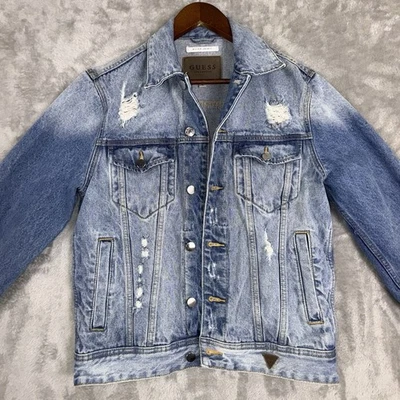 Guess Dillon Jean Denim Jacket Coat Mens S Trucker Faded Distressed Distructed - Image 1 of 4