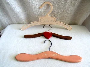 Vintage 3 Childrens Hangers - 1-Plastic Cinderella 1-Wooden Heart 1-Wood Floral - Picture 1 of 4