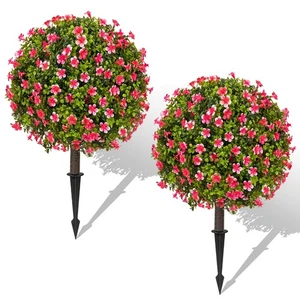 25" Artificial Boxwood Topiary Ball Trees with Pink LilacFlowers, Set of 2 UV... - Picture 1 of 7