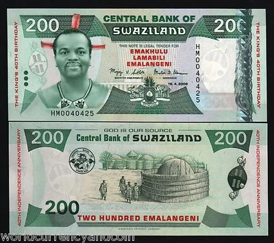 SWAZILAND 200 EMALANGENI P-35 2008 40th Any COMMEMORATIVE ELEPHANT LION UNC NOTE - Image 1 of 2