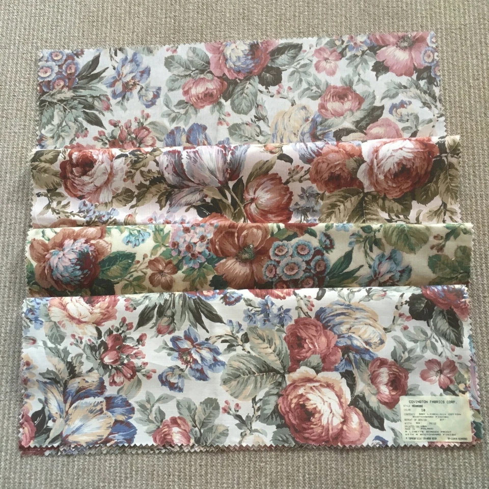  Floral Linen Cotton Fabric. 4 pieces. 26x26 each. Scotchgard Finish - Image 1 of 4