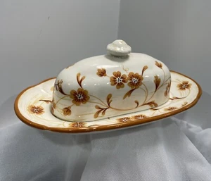 Metlox Poppytrail Covered Butter Dish Cinnamon Patten. Orange Florals. EUC - Picture 1 of 9