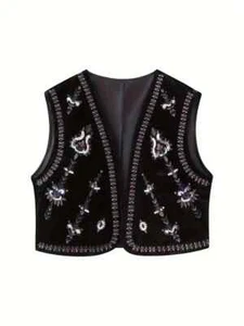 Chic Retro Graphic Print Open Front Vest Velvet Embroidery Sequins - Picture 1 of 7