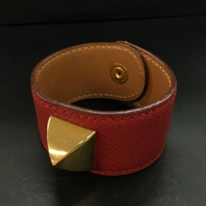 HERMES Medor Leather Gold Tone Bangle Bracelet Red/2BF0189 - Picture 1 of 8