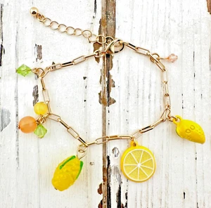 Lemon Charm Bracelet Vintage Inspired Citrus Fruit Charms on Gold Tone Chain - Picture 1 of 5
