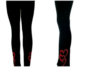 PLUS One Size Yoga Leggings Rhinestone Embellished Interlocking Ruby Red Hearts - Picture 1 of 2