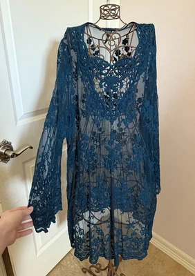 XCVI Teal Mesh Embroidered Lace 3/4 Sleeve Slip Cover Up Dress Size 2X - Image 1 of 4