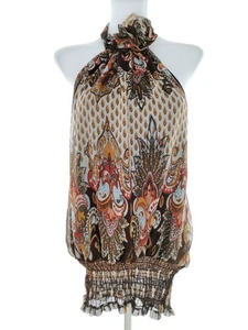 QED London Size M/L Brown Tunic Blouse Sleeveless Damask Paisley - Picture 1 of 5