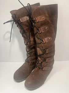 SOREL Joan of Arctic Wedge Tall Knee High Laced Boots Sz 9 Women's Brown Suede - Picture 1 of 8