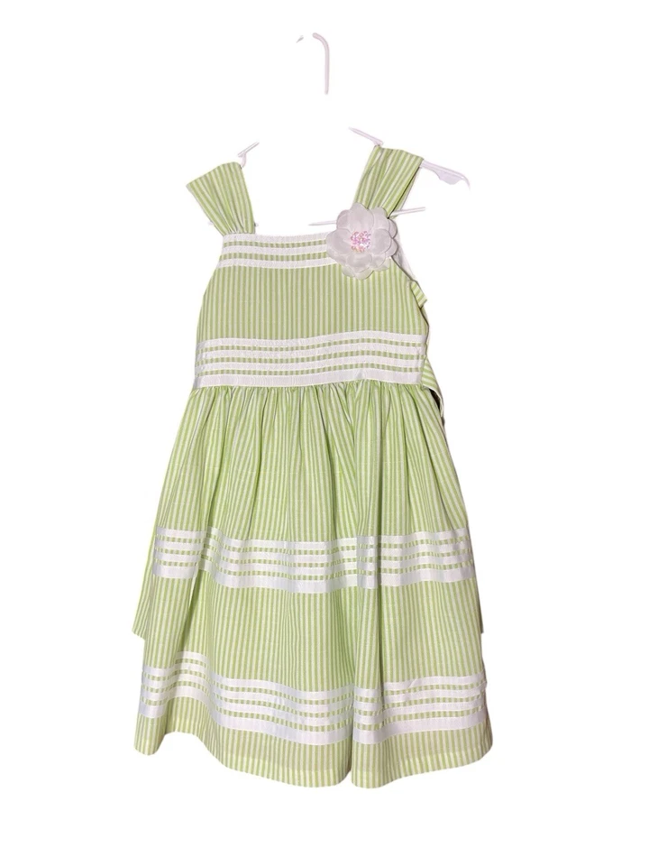 Vestido Bonnie Jean Niña 10 Verde Blanco Rayas Seersucker Lazo Flor Foto 1 de 4