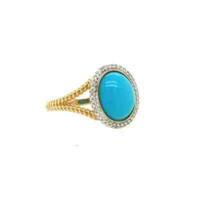 14K Solid Yellow Gold Oval Cabochon Turquoise & Diamond Cocktail Ring Size 9 1/4 - Image 1 of 4