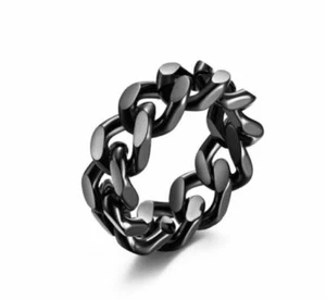Mens Biker Miami Cuban Black link Ring Band for Men Stainless Steel Size 6-13 - Picture 1 of 2