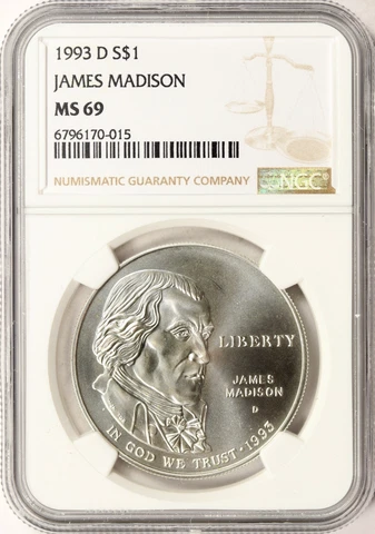 1993-D James Madison Silver Dollar $1 NGC MS69 Cover
