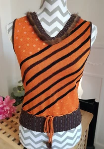 Orange & Brown Knit Tank Top Sleeveless Jumper, Size UK 8-10 Beads Real Fur Trim - Picture 1 of 17