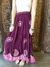 Boho Gypsy Hippy Maxi Skirts Long Skirt Purple Batik Print Embroidered Skirts SM