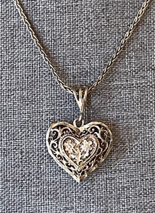 Vintage Sterling Silver 925 Flower Diamond Cut Heart Pendant Necklace Wheat Link - Picture 1 of 7