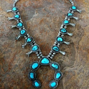 COLLAR ANTIGUO PLATA ESTERLINA TURQUESA AZUL BRILLANTE flor de calabaza peón vintage - Imagen 1 de 20