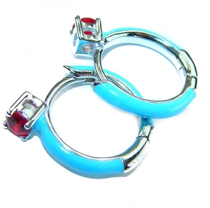 Ruby Hoop Earrings 0.5ct Black Enamel 925 Sterling Silver Handcrafted 5/8" - Picture 1 of 4