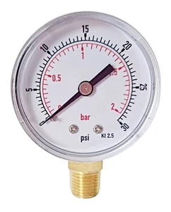 Pressure Gauge 0/30 PSI & 0/2 Bar 50mm Dial 1/4 BSPT Bottom 2.5% - Picture 1 of 2