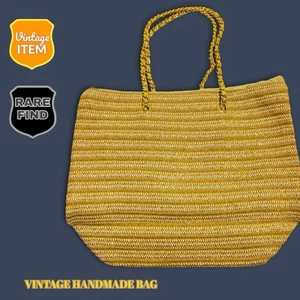 Vintage Handmade Large Raffia Gold Tote Bag With Gold Chain Handle & Zip Pockets - Picture 1 of 8