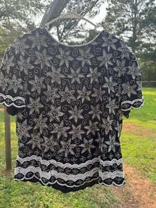 Blusa Vintage Años 70 Papell Boutique Noche XL Negra Plata Cuentas Elegante Seda - Imagen 1 de 6