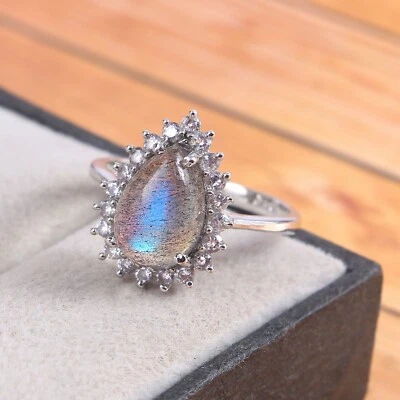 Labradorite Ring Pear Halo Cluster Statement Art Deco 925 Sterling Silver Boho - Image 1 of 3