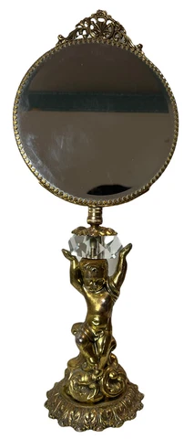 Rare French Vintage 17" Vanity Mirror Gold Ormolu Cherub Stylebuilt Matson Type Cover