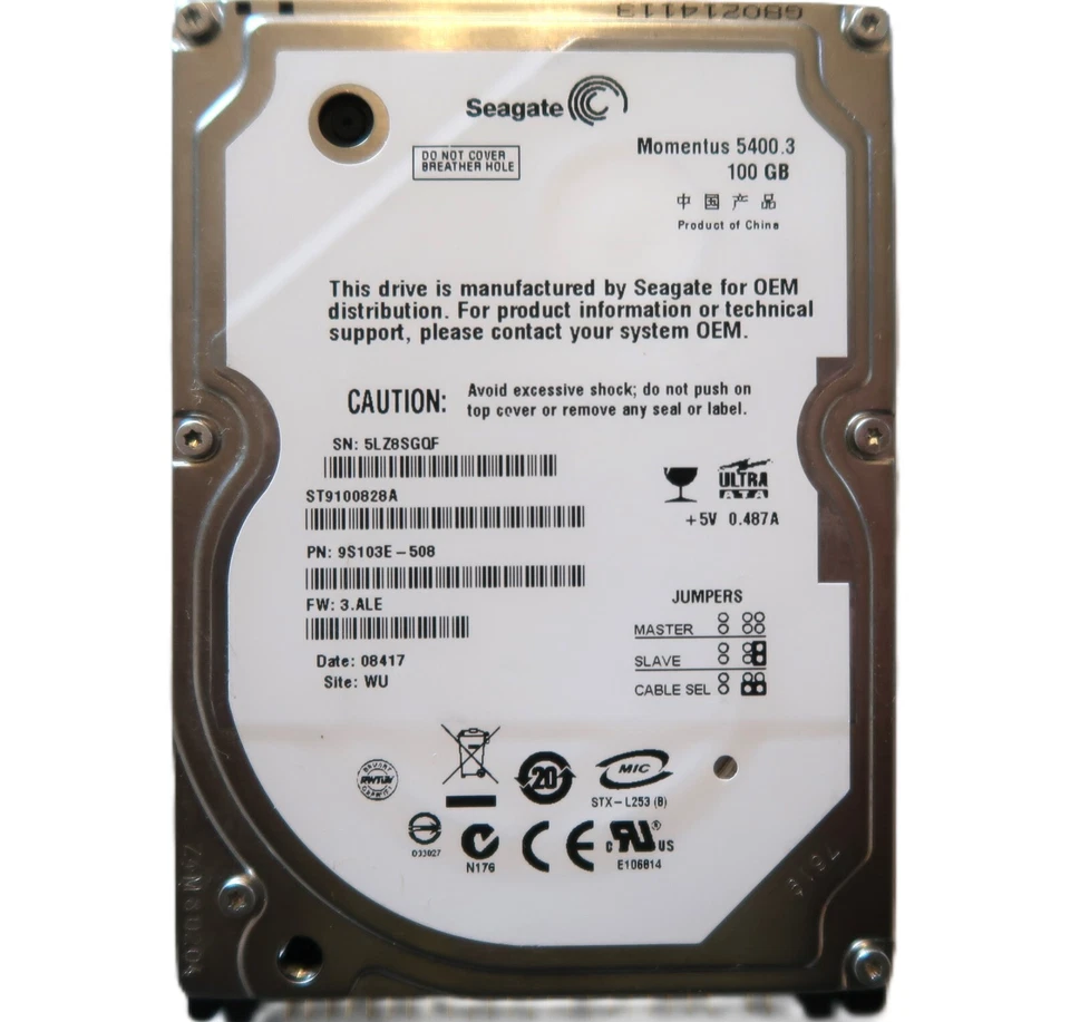 Seagate ST9100828A 9S103E-508 3.ALE (5LZ) WU China 2.5" 100gb ATA/IDE APR182008 - Image 1 of 1