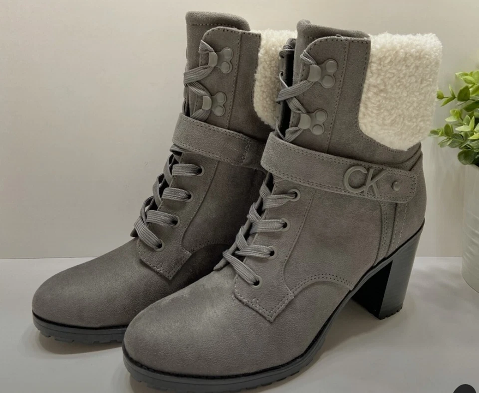 Calvin Klein 麂皮绒人造毛皮粗跟靴 9.5 码 — 第 1/4 张图片