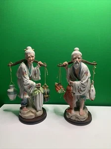 ANTIQUE Japanese Porcelain Figurines 15" Wooden Base Hand Painted EXCELLENT VTG - Picture 1 of 12