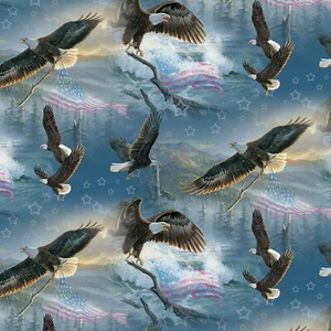 American Patriotic Flying with Stars & Stripes 100% Cotton Fabric by The Yard - Picture 1 of 1