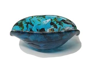 VINTAGE ART GLASS BOWL MID-CENTURY MODERN BLUE GOLD SPECKLES COLLECTIBLE ART - Picture 1 of 12