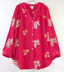 Top Anthropologie Fig Flor Bordado Rosa Caliente Abotonado Pestaña Enrollable Talla 2X - Imagen 1 de 7