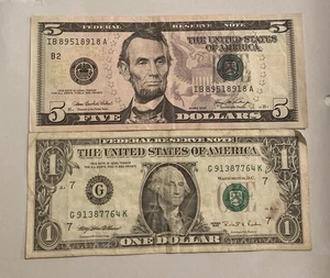 X2 Five & One Dollar United Sates Banknote PrefixIB89518918A G91387764K (1677) - Picture 1 of 2