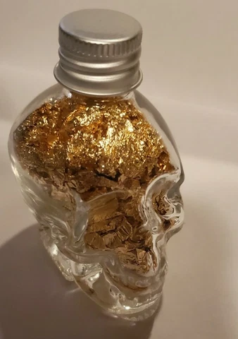 Gold Flakes in BIG 30ml Glass Skull Bottle Screw Top NOT NUGGETS Bullion Cover
