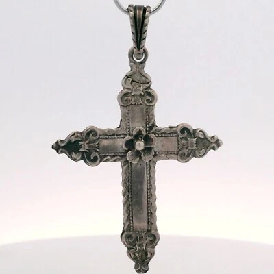 K.Thamar Firmato Argento Sterling Scorrere Fiore Pendente a Croce - Immagine 1 di 4