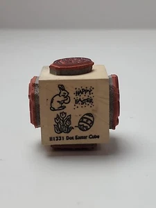 Cubo pasquale a punti coniglietto coniglio fiori uovo 4 lati timbro gomma montato su legno - Foto 1 di 10