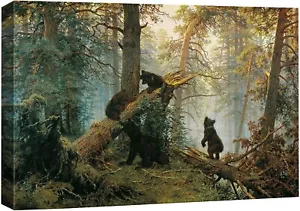 32"x48"-Black Bears in the Forest Nature Landscape Canvas Wall Art Print - Picture 1 of 5